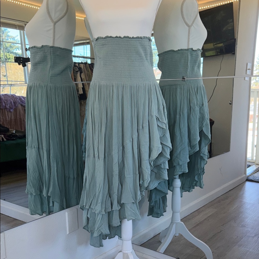 Free People Sage Green High-Low Smocked Midi Skirt